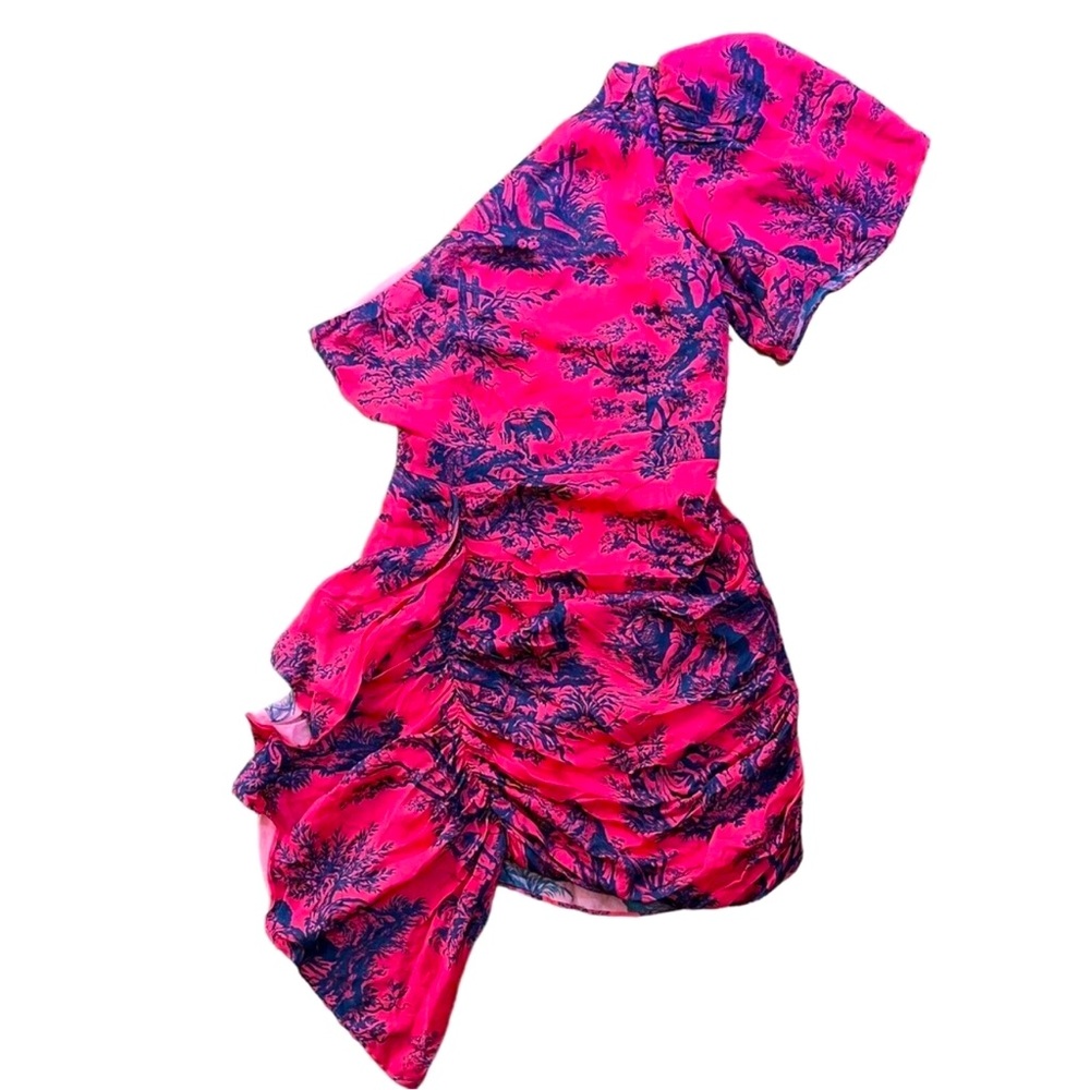 Rhode Mini Dress in Pink French Toile One Shoulder Ruffles Side Zip Size XS